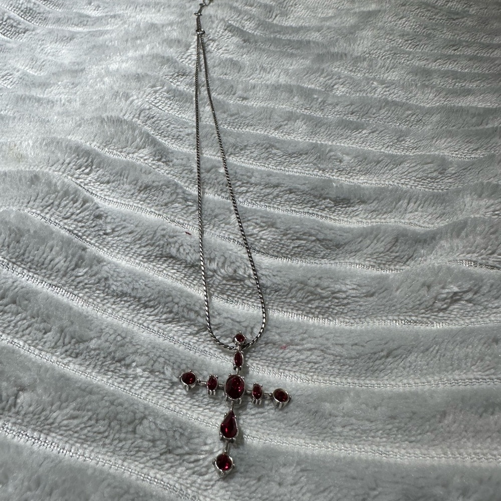 Brighton Silver and Red Stone Cross Pendant Necklace